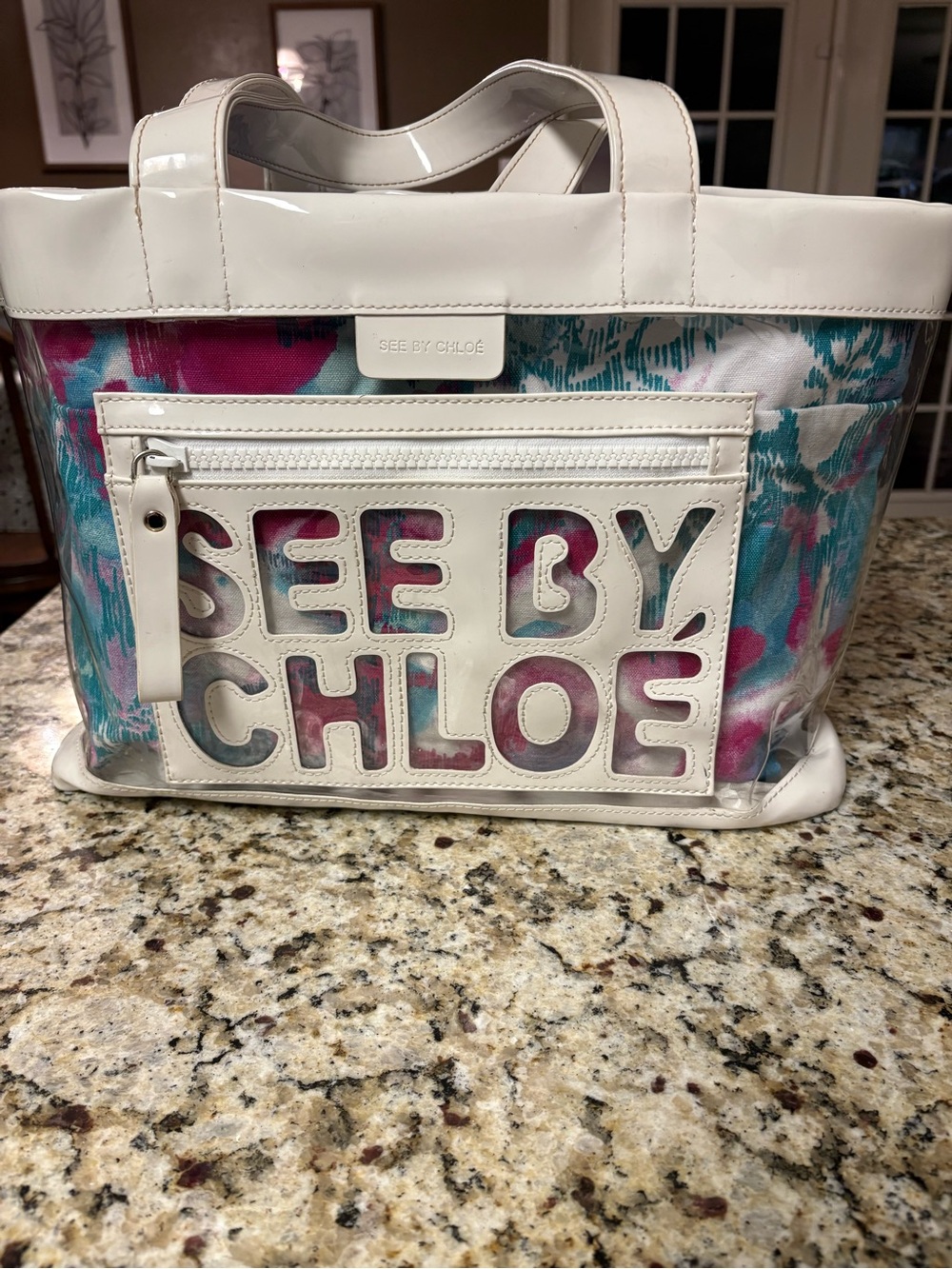 See By Chloé White Clear‎ Tote with Pink & Teal Floral Insert